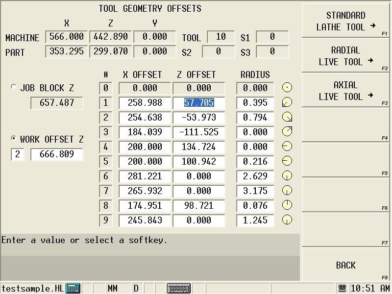 Sub-spindle Tool Setter Setting Tools With the Sub-spindle Tool Setter option, from the Tool Setup screen, select the Geometry Offsets F3 softkey followed by the Tool Setter F6 softkey.