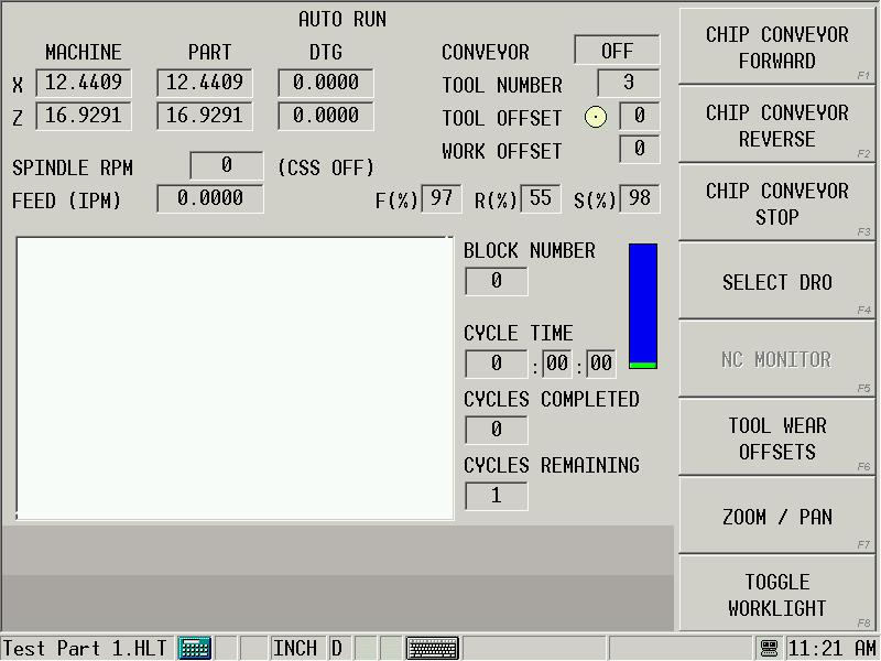 Auto Mode To operate the chip conveyor in Auto mode, 1. Press the Auto console key to access the Auto screen. 2. Select the RUN PROGRAM F8 softkey.