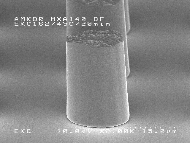 The SEM images of the microbumps wafers at the 45 C and 55 C remover temperatures are found in Figure 2