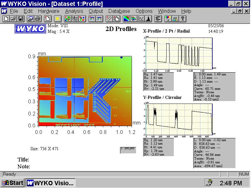 6.6.3 If a 2D profile is needed, go to Analysis and select 2D Profile. Use the mouse to move the vertical and horizontal lines to obtain different profiles. Right click for additional options. 6.6.4 Some other options that are available under Analysis include Filtered Histogram, Multiple Region, Step Measurement and Fourier.