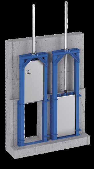 VM series Vertical-lift wall-type penstock with wheels for clean liquids or liquids loaded with solids, with perimeter and four-side seal acc.