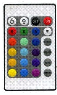 16-Speeds Control in Flash / Strobe / Fade-change / RGB Smooth-change Control box dimension: 50mm x 34mm x 22mm Remote controller battery: 1 x CR2025 (included) Control range: 10 meters This simple