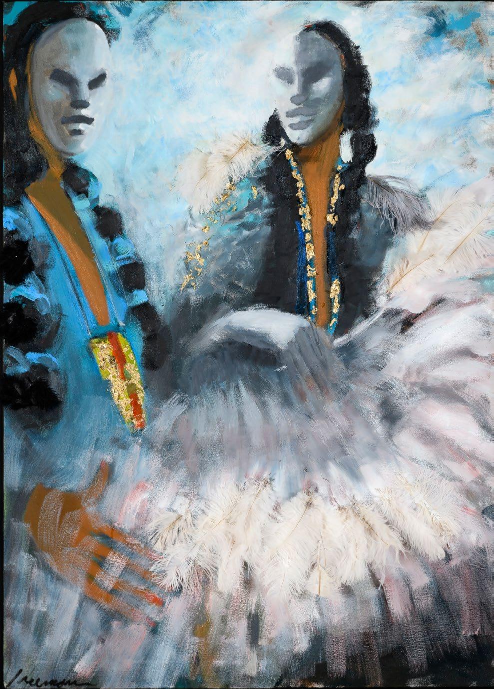 new approach to his painting by adding ostrich feathers as well as gold leaf to represent the elaborate suits worn by the Mardi Gras Indians.