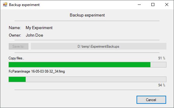 26 Backup experiment in progress 2.7.6.2 EXPERIMENT RESTORE Restoring of backed up experiment is available by the Restore from Backup option. Window (Fig.