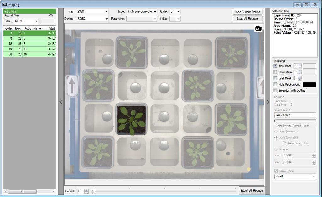 Auto (min-max) scale is set from min to max value from the whole image Auto (by mask) scale is set from min to max value from the plant areas of the image. Plant mask must be computed for this option.