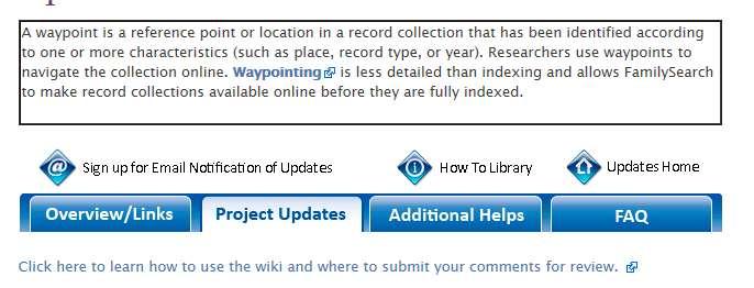 The message box on the Project Updates page (outlined in red) will notify indexers of current information.