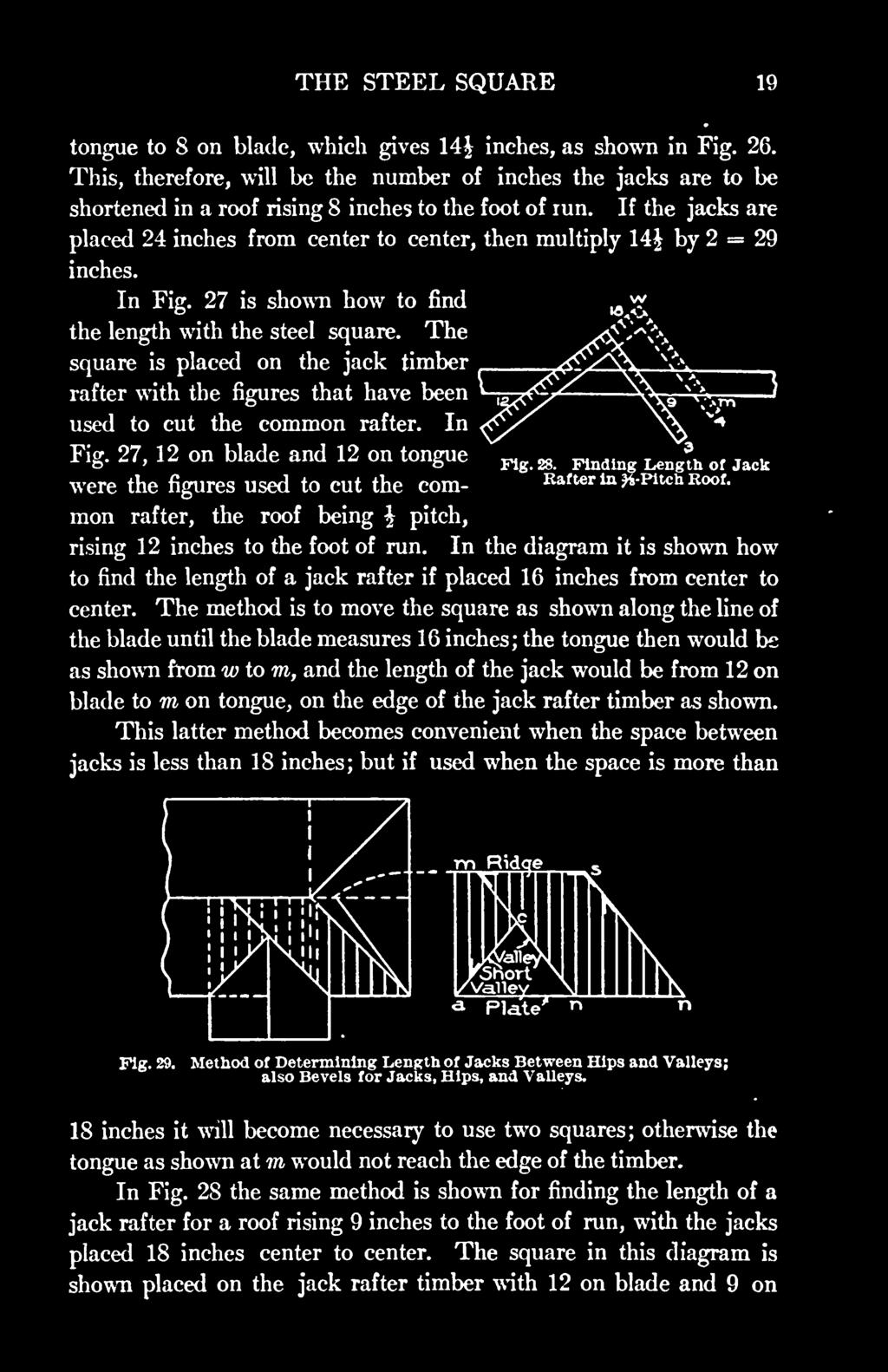 Finding Length of Jack Rafter in were the figures used to cut the common rafter, the roof being \ pitch, ^-Pitch Roof. rising 12 inches to the foot of run.