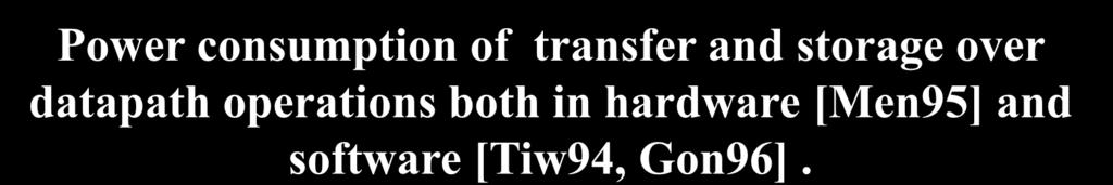 Power consumption of transfer and storage over datapath operations both in hardware [Men95] and software [Tiw94, Gon96]. 33 relative energy/operation 1 3.6 4.4 9 10 relative energy 0.4 0.2 0.