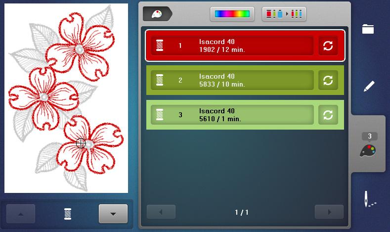 In the Embroidery Menu, select the USB icon and select Design #FQ434_48. 2. Select the Color Information tab (palette icon). 3.