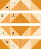 4. Arrange the A and B units in 4 rows with 2 of each unit in each row. Join the units in each row. Press seams in opposite directions from row to row.