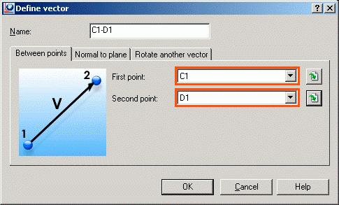 DYNAMIC REINFORCEMENT TUTORIAL 4. In the Define vector dialog box, on the Between points tab, select the two points defining the translation vector: First point: C1 Second point: D1 5.