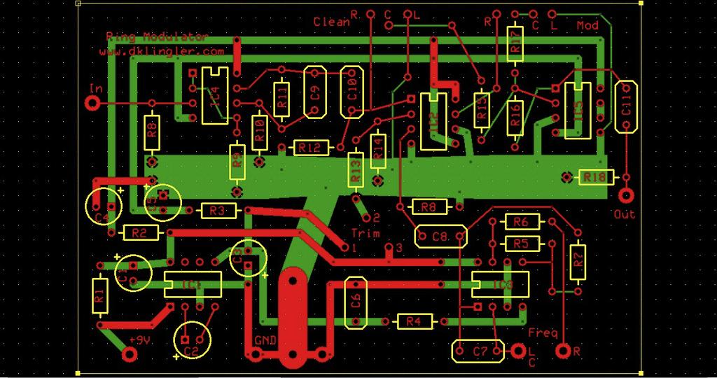Figure 7: PCB layout In the layout, it can be seen that the grounds for the oscillator, power converter, and audio circuitry are separated, only touching at the GND point on the PCB.