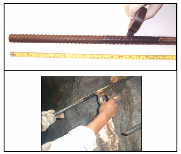 Figure 2-3 Bolt preparation Using a Vernier Caliper the bolt diameter must be measured in detail, both over the ribs and the core of the bolt, and recorded on the log sheet.