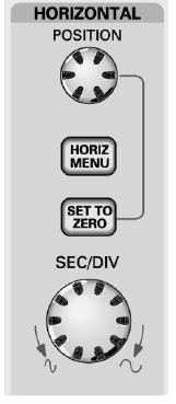 6. To move the waveforms horizontally, use the HORIZONTAL POSITION knob: 7. To zoom in on the signals, use the SEC/DIV knob below the HORIZONTAL POSITION knob.