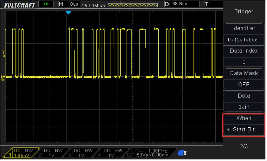 Remote Data - The oscilloscope will trigger on data frames matching the specified remote data. a. Press the Data softkey to select the ID number. b.