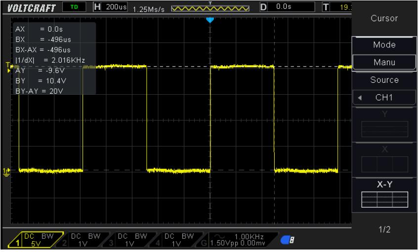 screen of the oscilloscope. Push the CURSOR button to display the Cursor Menu. Options Settings Comments Mode Manual Track Select a measurement cursor and display it.