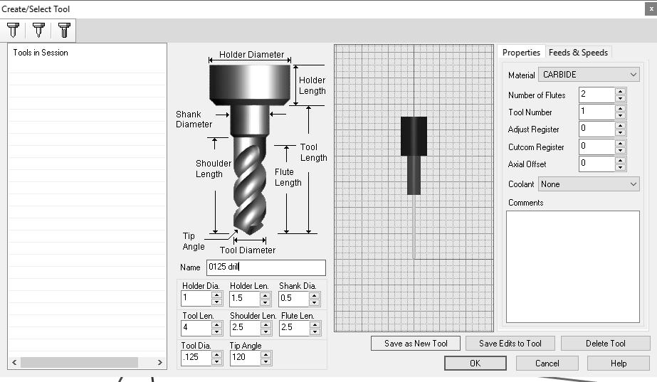 click the next tab, [Tool], then the button Edit/Create/Select Tool... shape... name it... enter diameter......and save it....the only setting here that matters is the tool diameter.