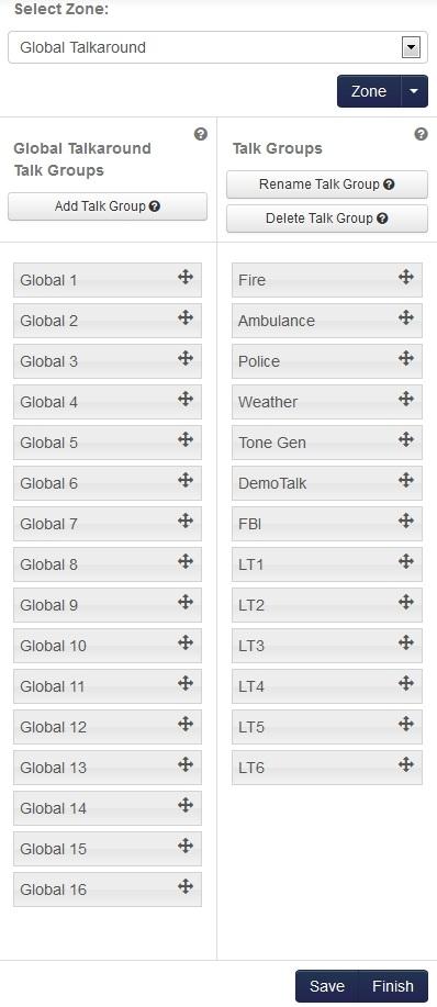 Inside of these Zones contain a number of Talk Groups that can be tuned to once the user selects the Zone. For example, the Global Talkaround Zone contains 16 Talk Groups (see picture).