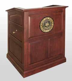 Reference MFI #23371 MRP-35 Classic Walnut This lectern has a laser engraved logo painted gold.