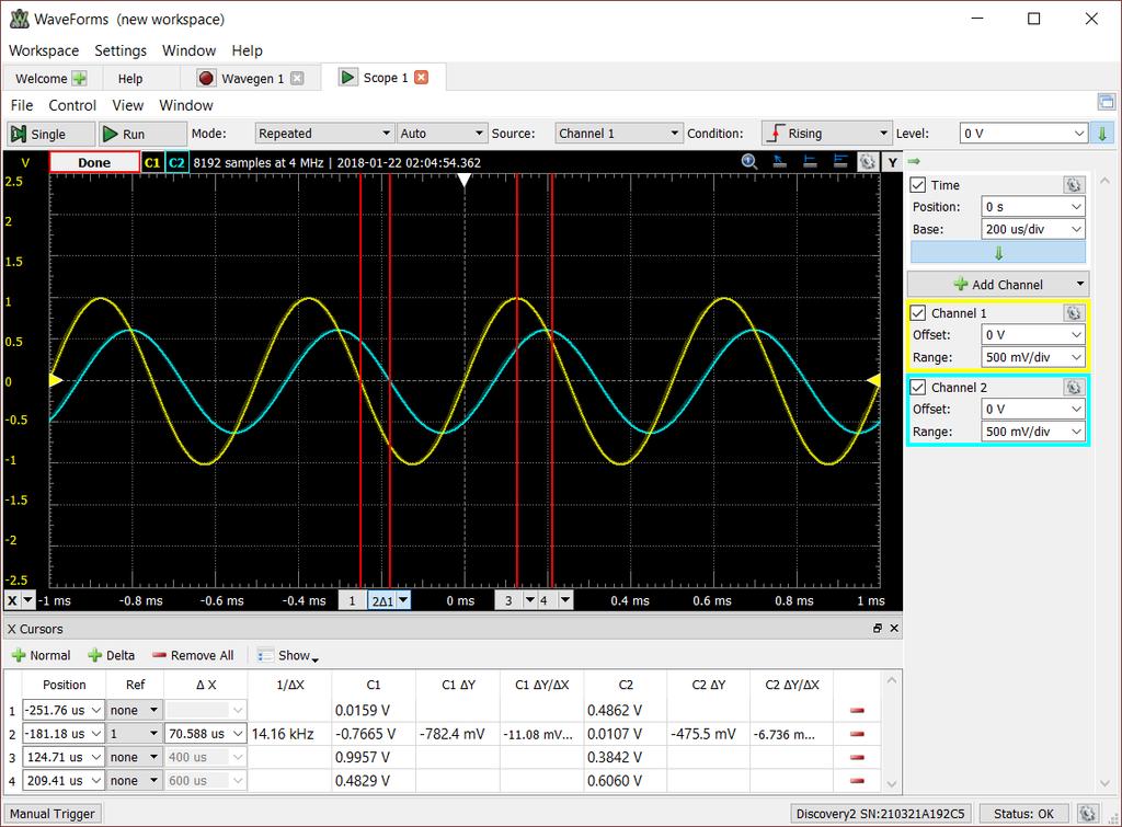 2.3 Scope - Time-Domain Waveforms Connect W1 and 1+ to Vi (input), 2+ to Vo (output), 1-, 2-, to ground Click on Wavegen, enter the type, frequency and amplitude of the input waveform, and click on