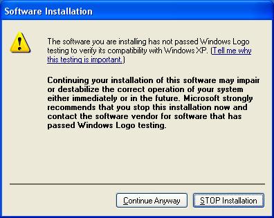 j. The following window is a standard Microsoft warning when installing software that has not passed Windows Logo testing.