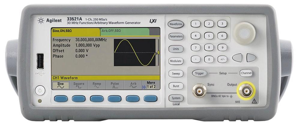 Waveform Generator Generates Sine, Square, Ramp, and Pulse waveforms and arbitrary waveforms (user or pre-defined) Menus used to select waveform and settings (frequency, amplitude, offset, duty, etc.