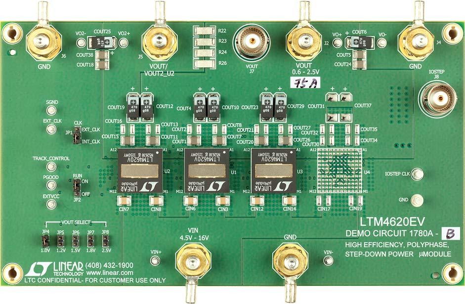 DEMO MANUAL DC780A-B DESCRIPTION Demonstration circuit 780A-B features PolyPhase design using the LTM 60EV, the high efficiency, high density, dual A, switch mode step-down power module regulator.