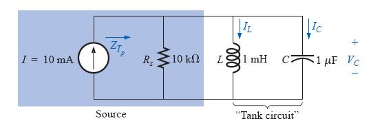EXAMPLE 6 Given the parallel network of Figure composed of ideal elements: a. Determine the resonant frequency fp. b. Find the total impedance at resonance. c. Calculate the quality factor, bandwidth, and cutoff frequencies f1 and f2 of the system.