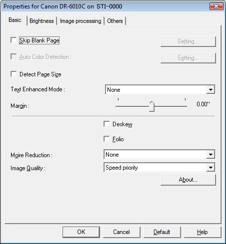 Chapter 7 ISIS/TWAIN Driver Settings Basic Tab Sheet This [Basic] tab sheet is displayed when the driver is called directly and not from another settings dialog box.