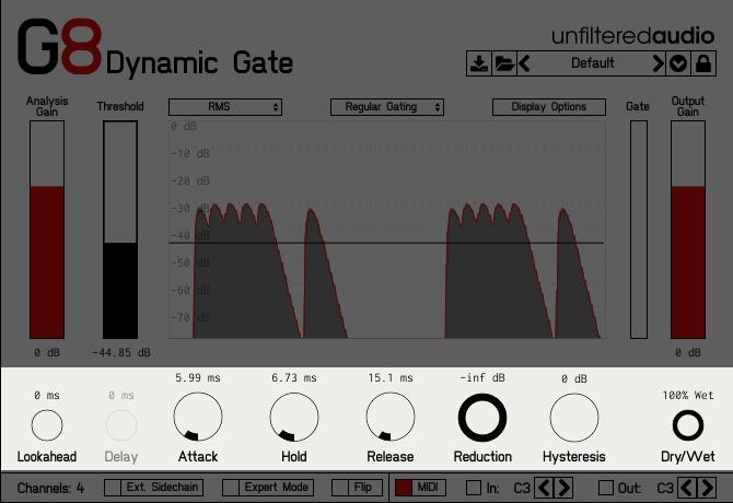 Gate parameter, which will then add the envelope to the waveform display. Output Gain: Controls the amount of gain applied to the outgoing signal from G8.