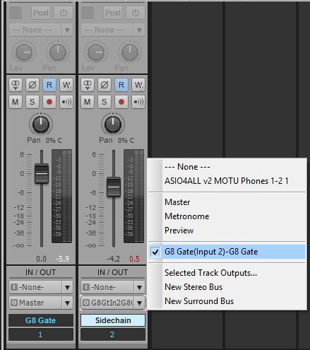 6.11 Sonar Sidechain Ins Add G8 to an audio track. Select another audio track that you want to route to G8 s sidechain. Select either the Send Out or the Main Out section of that track.