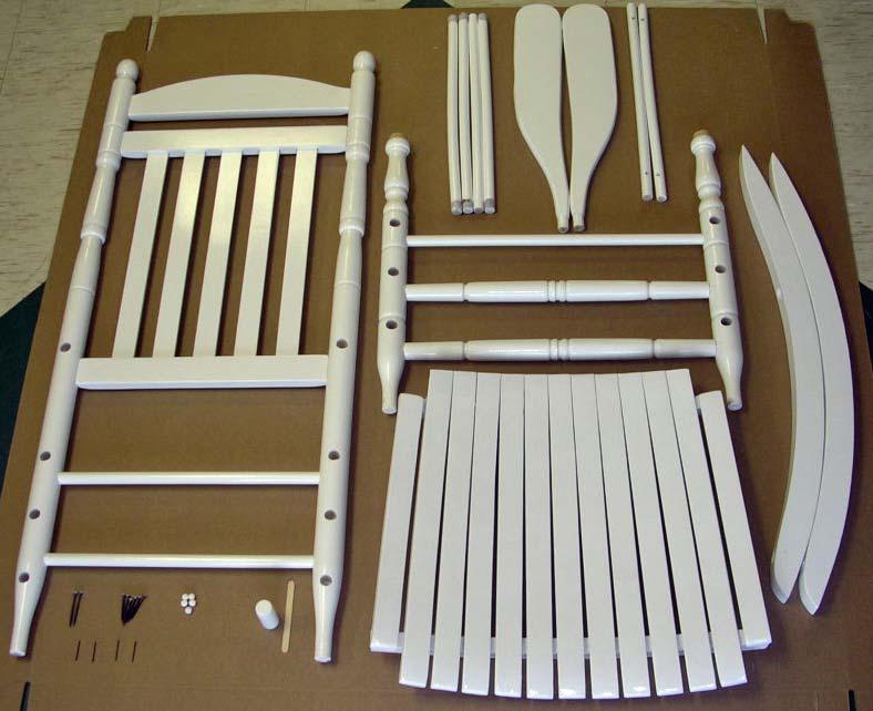 ROCKING CHAIR ASSEMBLY INSTRUCTIONS A D-1 F-L/R D-2 E B Screws/Nails Buttons Glue w/stick C PARTS INCLUDED: 1 Chair Back (A) 1 Right Arm (F-R) 1 Chair Front (B) 1 - Glue Bottle w/stick 1 Seat (C) 6