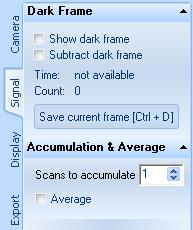14 Dark Frame: Press the button Save current frame to save the last frame as dark frame. When Subtract dark frame is checked, the dark frame will be subtracted from next acquired frames.