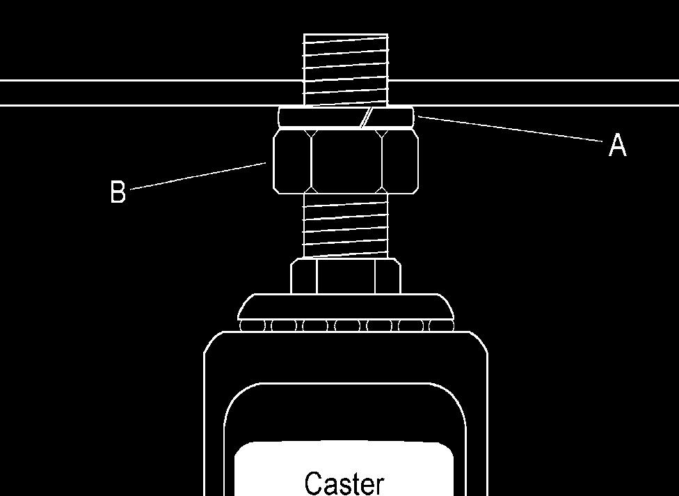 Assembly Base 1. Install four casters to the under side of the base as pictured in Fig. 2. 2. Thread the hex nut (B, Fig. 1) onto the caster shaft. Then slide the lock washer (A, Fig.