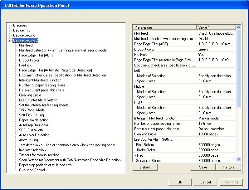 Device settings 2 Selecting each item displays detailed settings (parameters) in the right part of the dialog box. Multifeed Section 8.