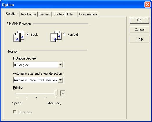 The options are described below: 4.7.1 Rotation Figure Option dialog (Rotation) Flip Side Rotation Specifies the binding of the document when both sides are scanned using ADF.