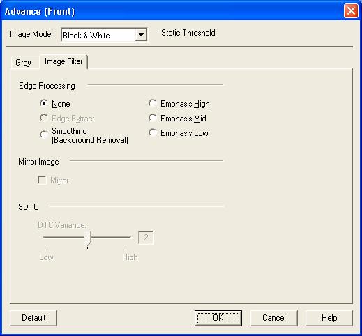 4.8.2 Image Filter Figure Advance dialog (Image Filter) Edge Processing This option specifies the sharpness of a scanned image. Select "None", "Edge Extract", or "Smoothing (Background Removal)".