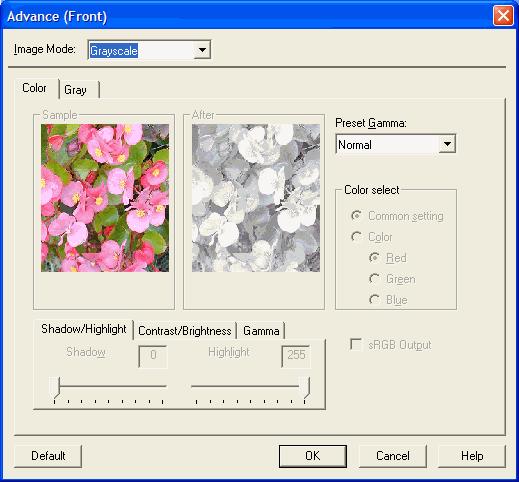 4.8.4 When Color (/Grayscale) is specified For color scanners, when Color is selected in the [Image Mode], the [Advance] dialog changes as follows.