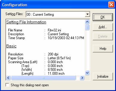 4.9 Setting the Setting Manager Options These options are used to manage the setting files, and switch the basic scan dialog display. Press the [Config.