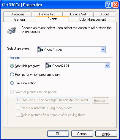 In Windows XP, the following Events screen may be displayed. (*This screen has the same function as the above screen.) Select an event Select a scanner event from the list box to start an application.