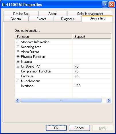 6.5 Device Information Tab A list of the functions compatible with the selected scanner driver is displayed. The items displayed depend on the selected model of scanner.