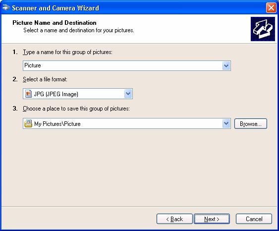 5. Specify a file name, a format and a place to save scanned images.