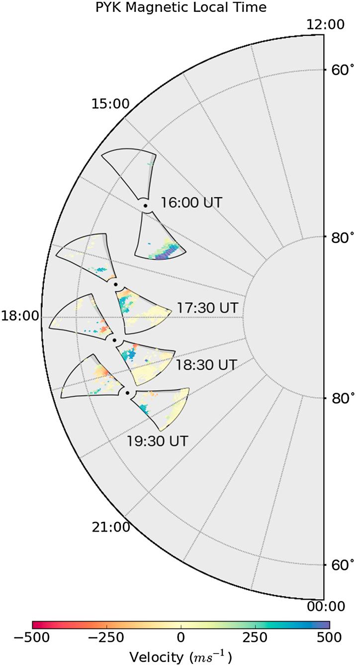 10.100/015RS005808 Figure 13. Doppler line-of-sight velocity at Þykkvibær for four times selected during a geomagnetic storm on 10 October 1997, placed on a polar map.