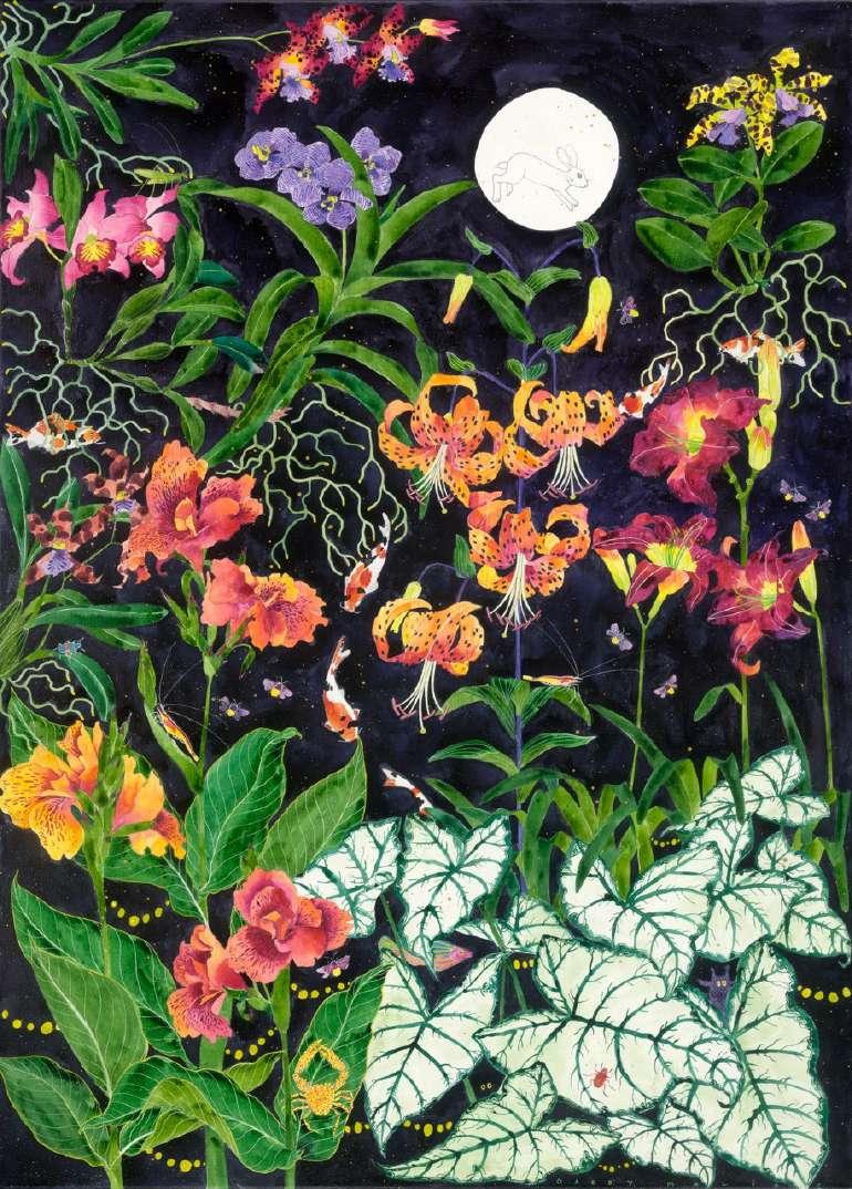 "MAGIC GARDEN" Midnight in the garden of my imagination Canvas Size: 140 cm x 100 cm (unframed) Watercolour, gouache and ink on canvas $9,100 As we become more and more urbanised, the gardens we