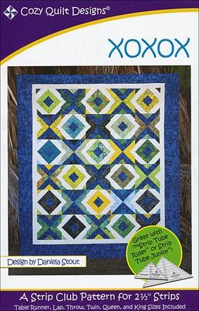By creating various 3-strip stratas (of light, medium and dark strips) which are then cut with a template and twisted into various block designs, you can create a beautiful table runner or quilt of