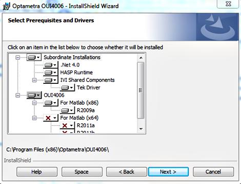 Install software 5. Examine the Select Prerequisites and Drivers installation list to verify that the installer has properly identified the correct MATLAB version to use with the OMA.