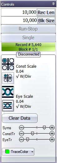 OM1106 Optical Modulation Analysis (OMA) user interface The global Controls panel The global Controls panel sets record length and block size, runs and stops live data acquisitions, sets plot display