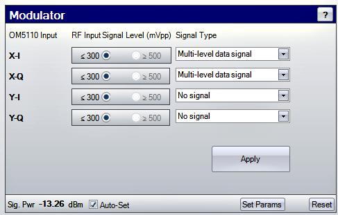 Optical Control Panel (LRCP) Table 3: OM5110 Modulator controls (Auto-Set mode) (LRCP) Control RF Input Signal Level (mvpp) Signal Type Apply Sig.