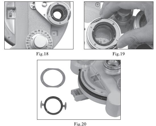 By slightly turning the auxiliary lens knob in both directions, a screw and washer can be seen above and below the lens. Removing these two screws, auxiliary lens can be then removed.