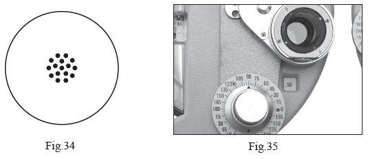 knob axially, to align it with axial direction of cylindrical lens (see Fig.33). (2) Project the cross cylinder dot chart as shown in Fig.34.